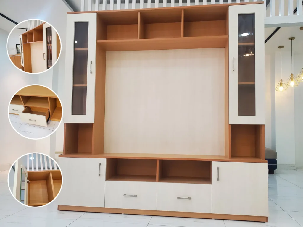 Stylish New Living Room TV Rack Design featuring wooden TV cabinets and ambient lighting
